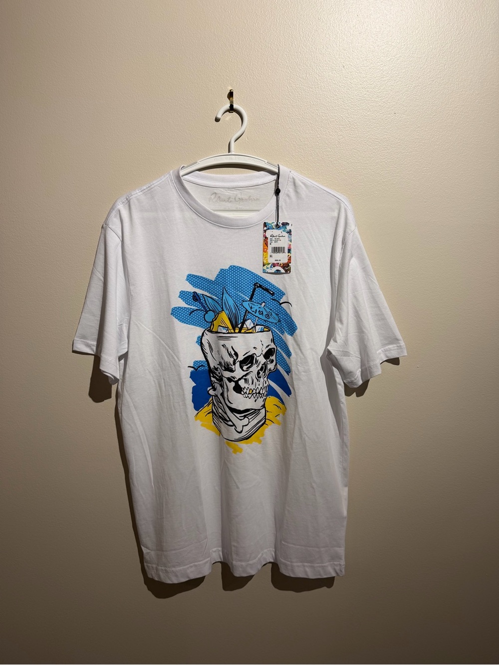 Robert Graham Tiki Skull White Graphic Print Crew Neck Tee Shirt Mens M